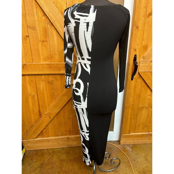 Women's Medium Long Black & White Maxi Dress Long Sleeve GUC Abstract - Picture 3 of 4